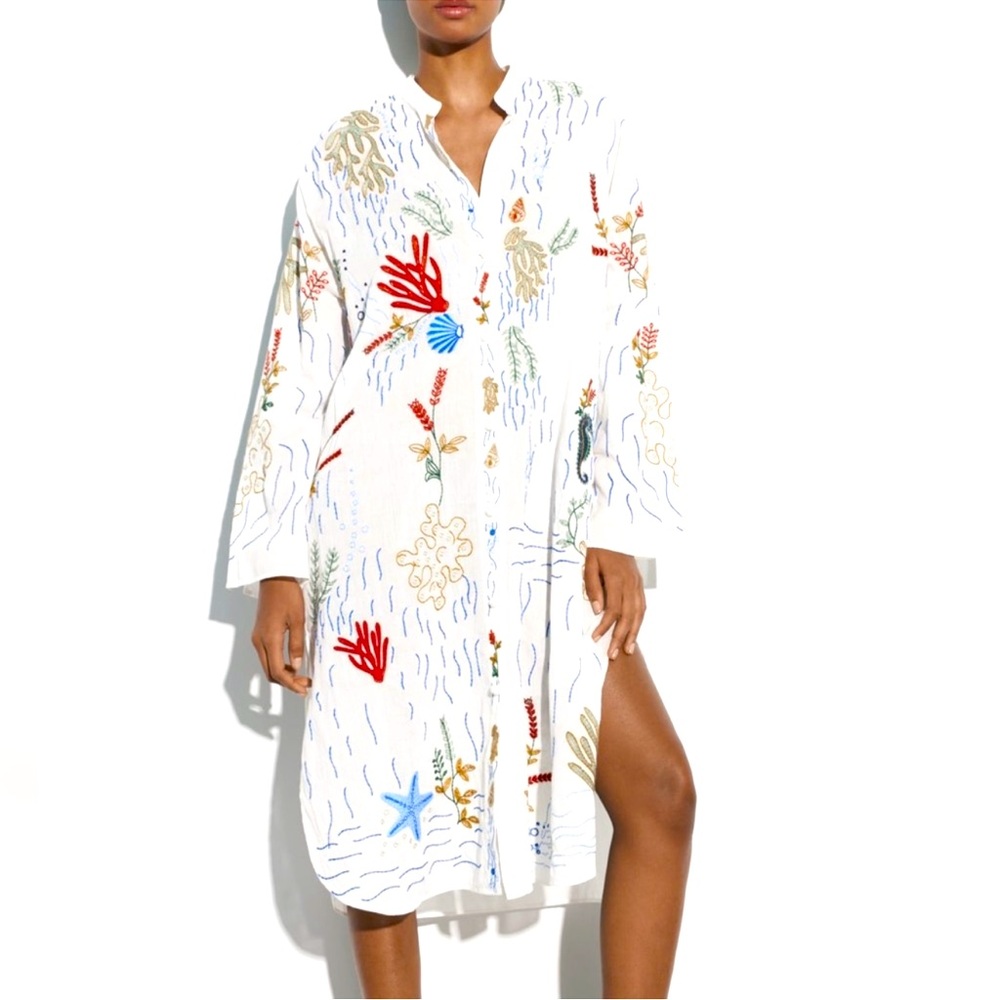 Zara Sea Life Embroidered Shirt Dress XL White Cotton Beach Cover Up Resortcore